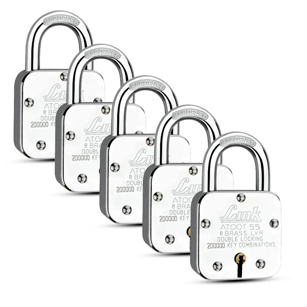 Link Atoot 55MM Padlocks 5Pcs Set | 2 Lakhs Key Combinations | Steel Body | Hardened Shackle | 8 Brass Levers | Made in India | 3 Keys for Each Padlock