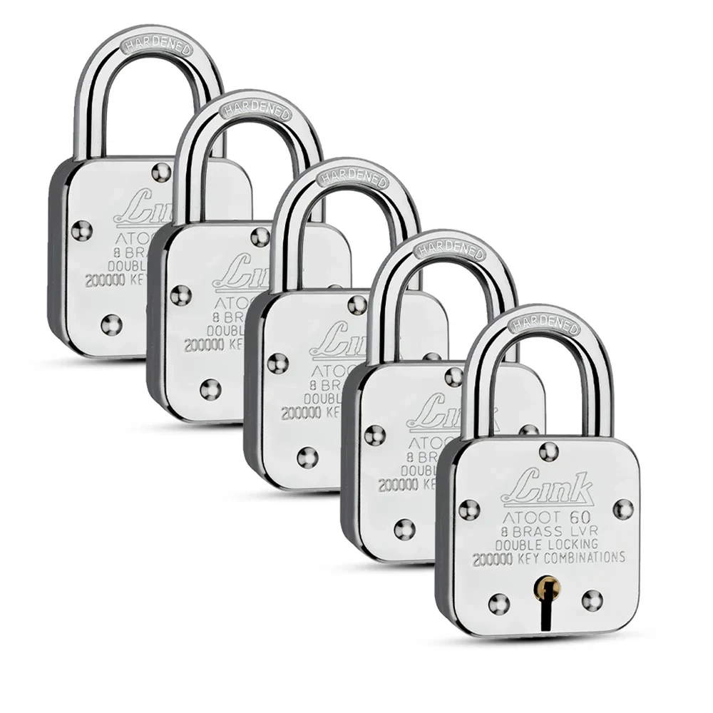 Link Atoot 60MM Padlocks 5Pcs Set | 2 Lakhs Key Combinations | Steel Body | Hardened Shackle | 8 Brass Levers | Made in India | 3 Keys for Each Padlock